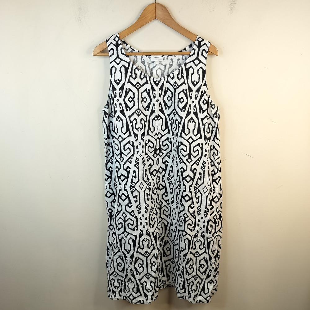 J. Jill Love Linen Shift Dress w Pockets L Tall Women Ikat Geometric Black White